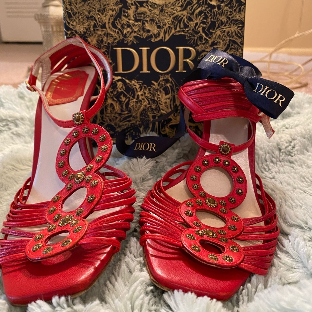DIOR strappy Red Sandals with Grommet Detail and Gold Embossed Buckle